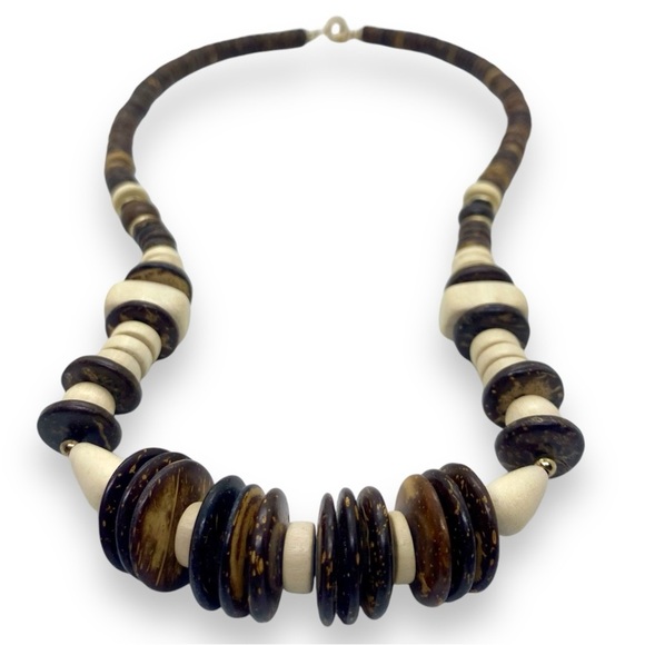 Two-tone Wood Bead Necklace w. Gold Tone Spacers - Picture 3 of 7
